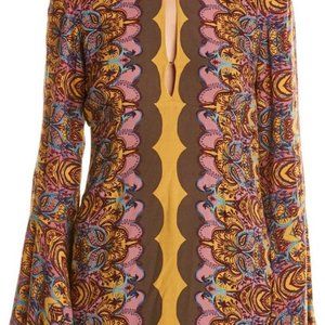 Free People Womens Abstract V-Neck Bell Long Sleeve Mini Dress Purple Size 6